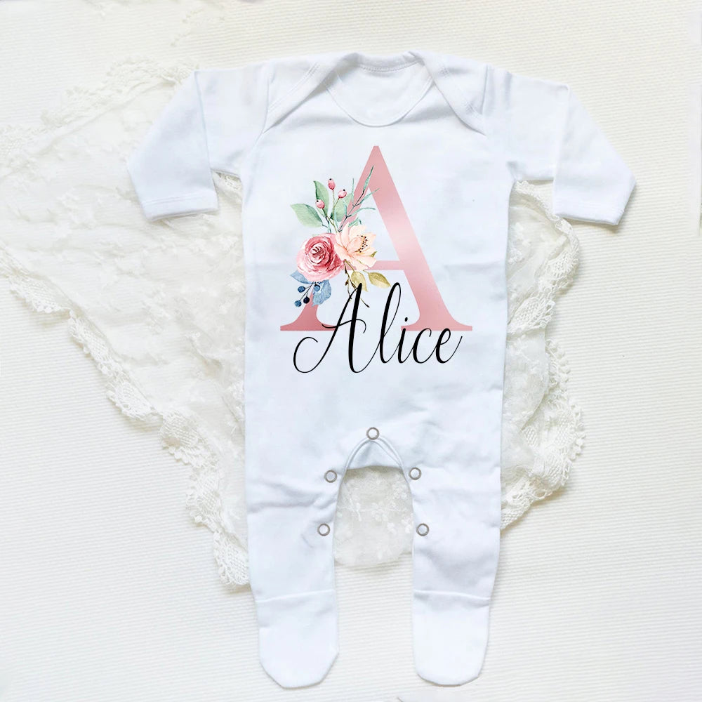 Personalised Babygrow Sleepsuit Flower Initial Infant Romper Baby Coming Home Outfit Newbron Shower Gift Baby Girls Sleepsuit