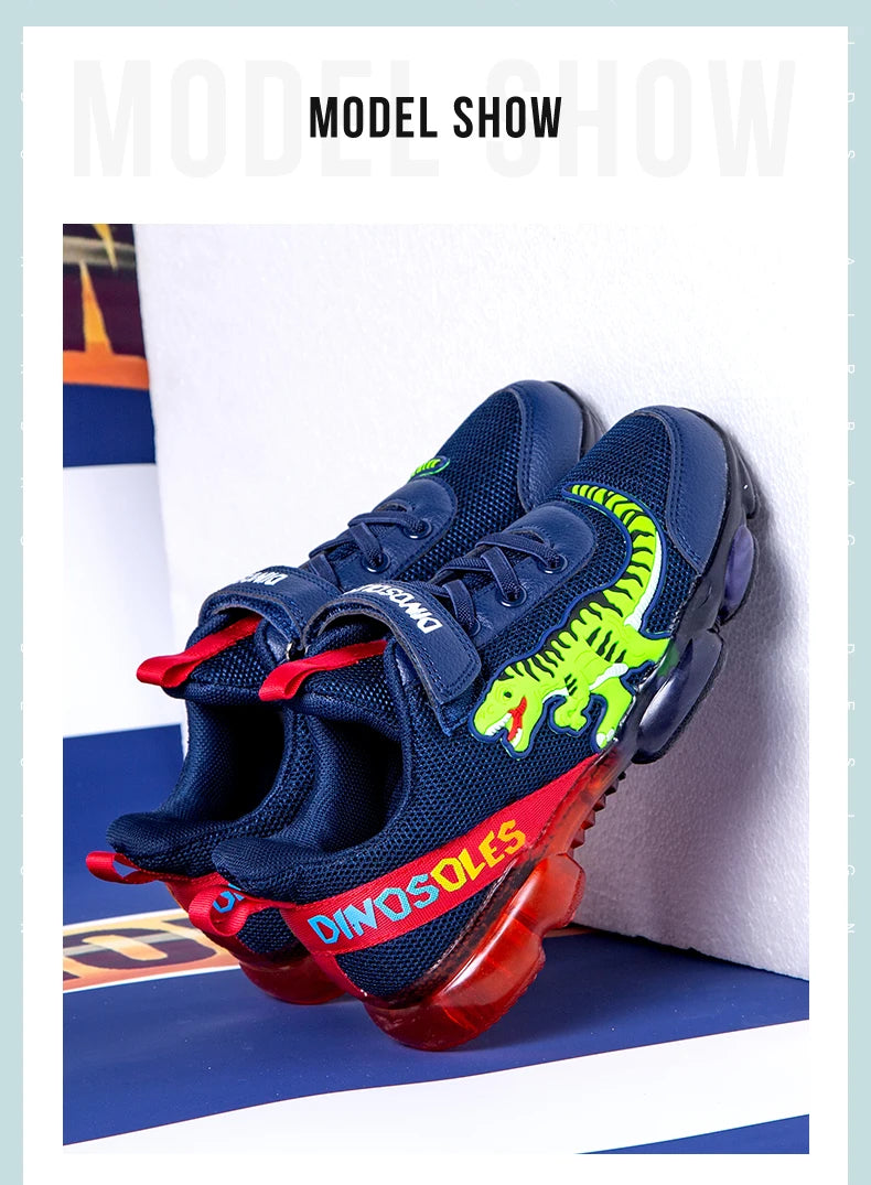 EXDINO T-REX LED 2-9Y Boys Spring Autumn Mesh Tennis Shoes Glowing Children's Kids Flashing Jelly Sole Light Up Casual Sneakers
