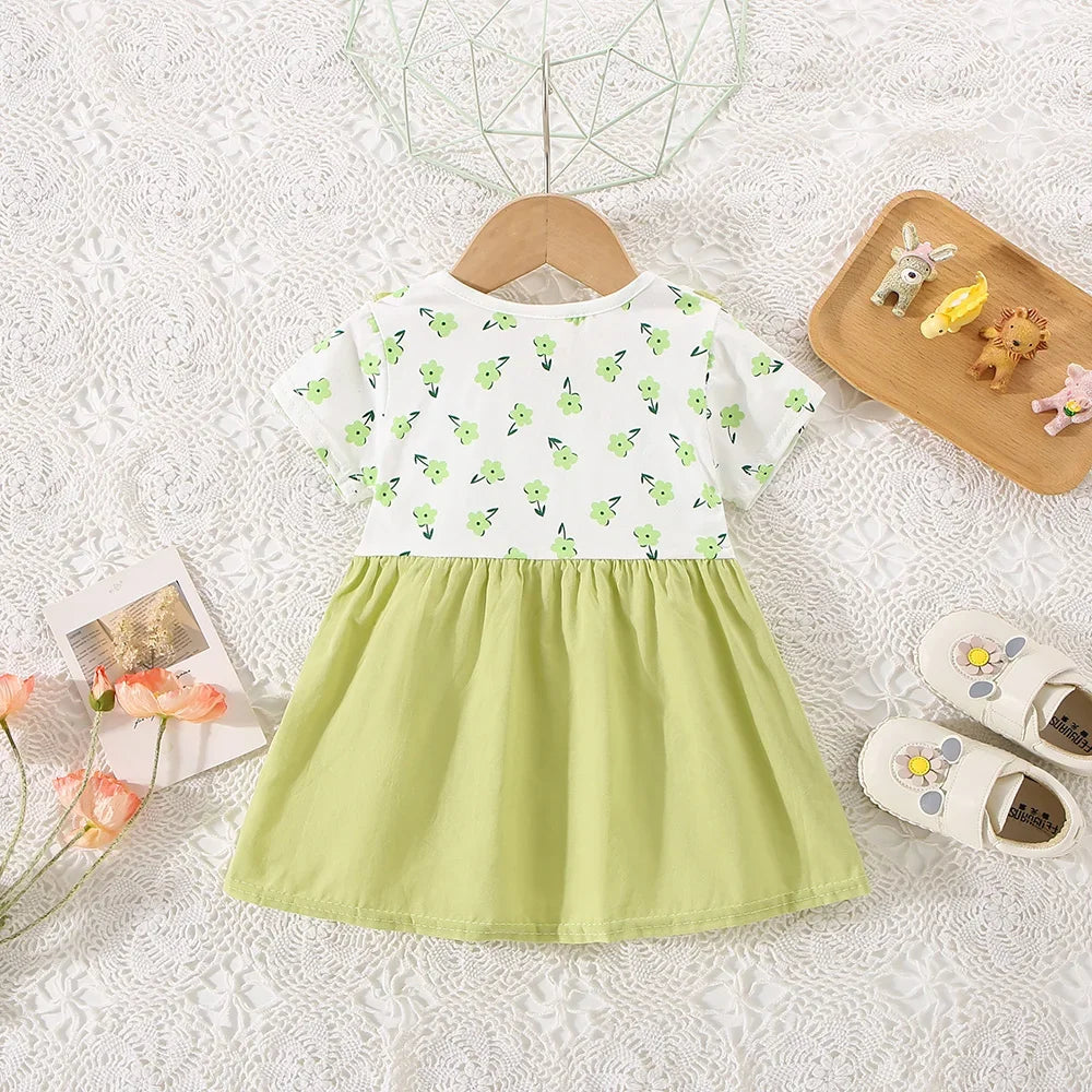 (0-3 Years Old) Summer Baby Girl Cotton Flower Fake Two-Piece Shoulder Strap Dress Girl Cute Short Sleeved Dress