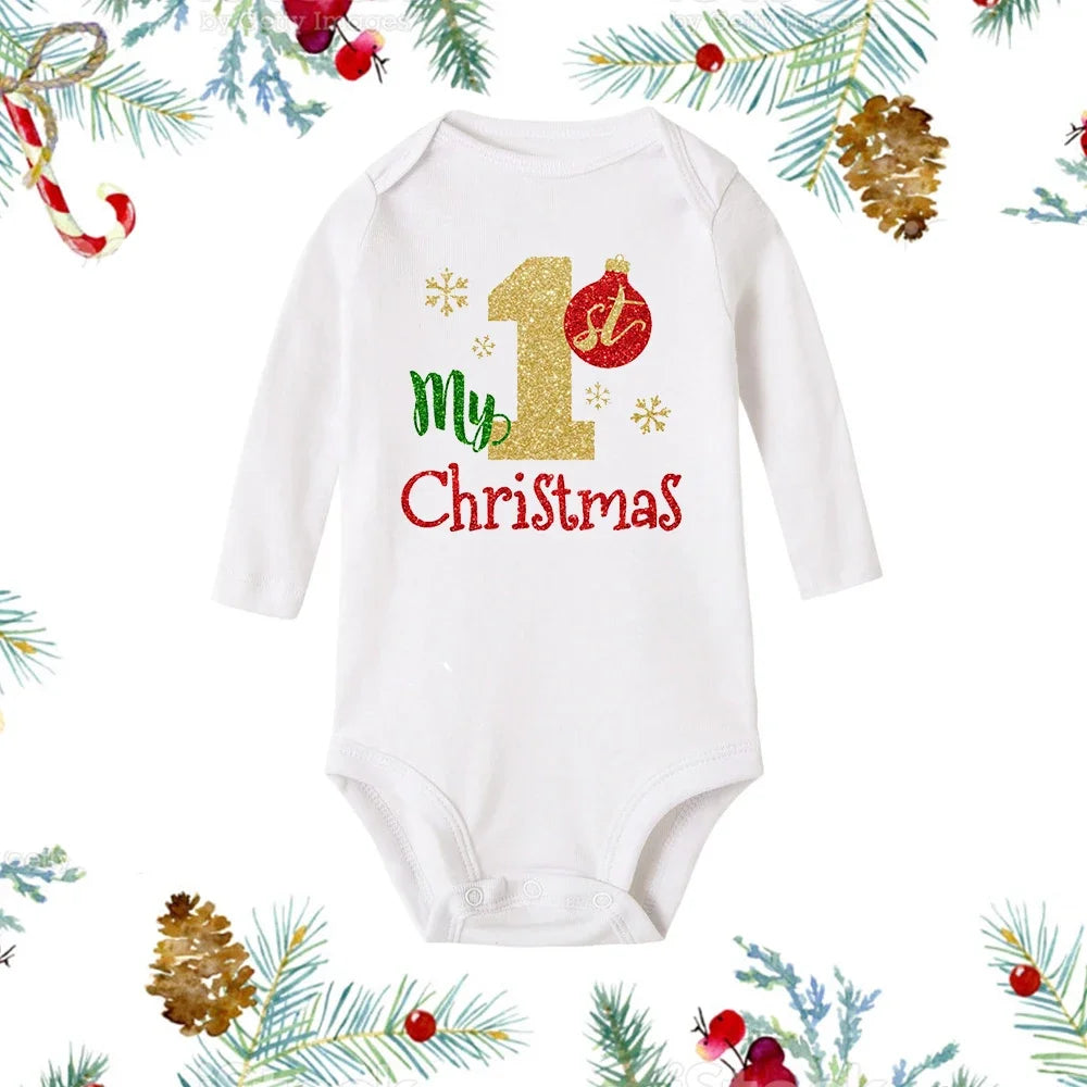 My First Christmas Newborn Baby White Long Sleeve Romper Cartoon Snowman Print Outfit Infant Baptism Bodysuit Clothes Xmas Gift