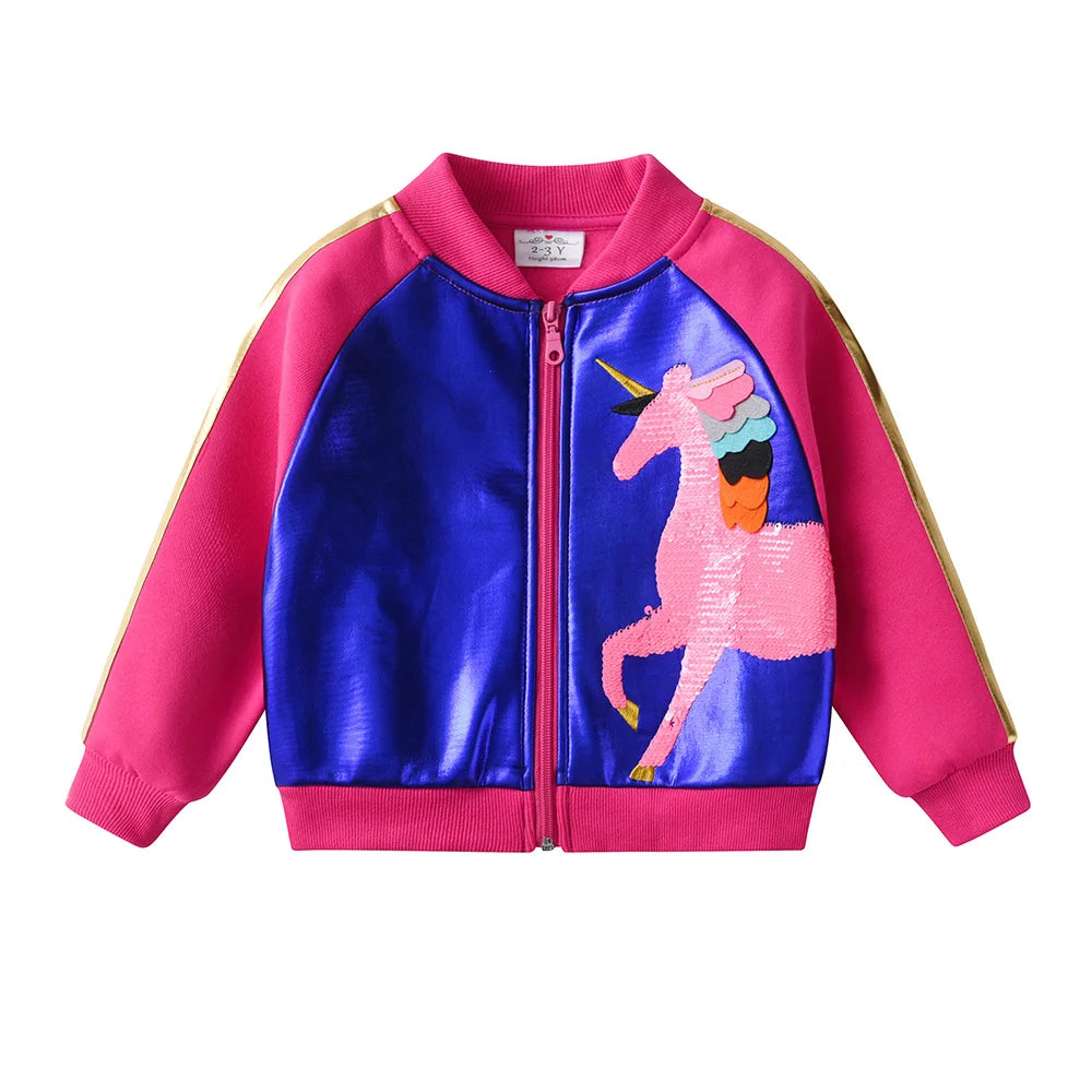 VIKITA Kids Autumn Spring Jacket Coat Girls Unicorn Cartoon Sequined Appliqued Jacket Teenage Girls Casual Sports Outerwear Coat
