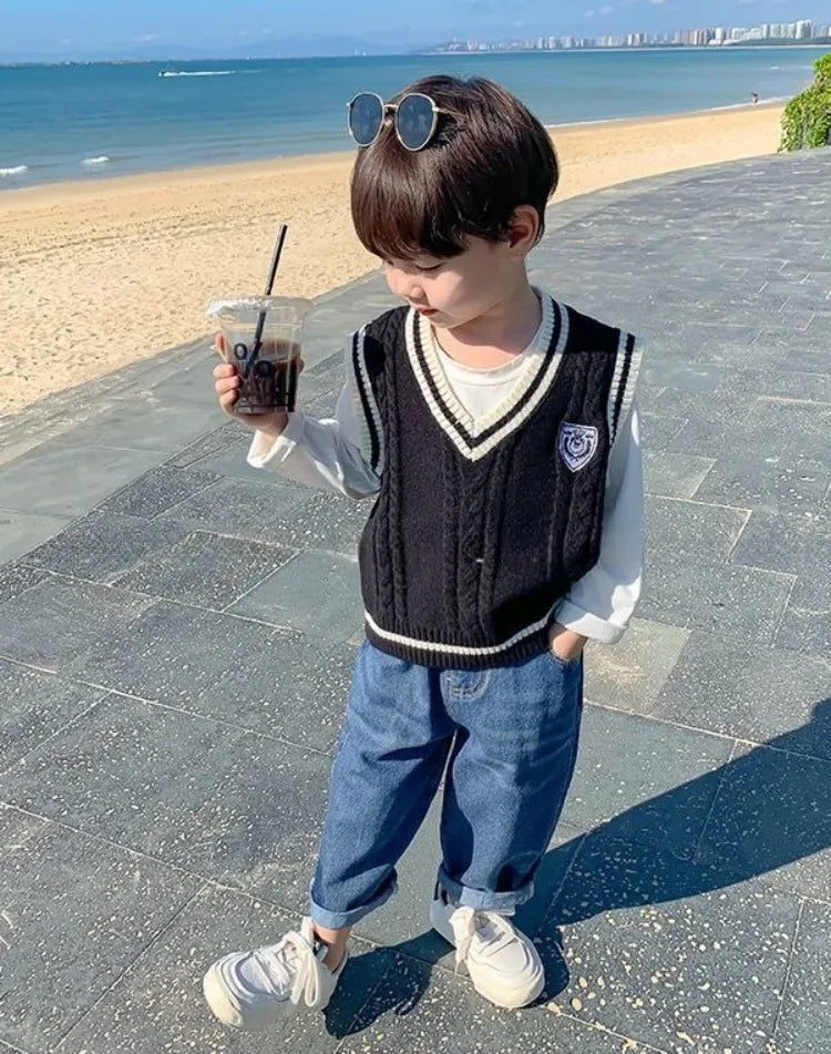 Boys' Knit Vest 2025 Spring Autumn New Preppy Style Kids' Outerwear Trendy Baby Boy Vest for School Casual Wear