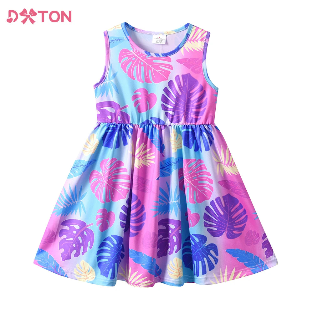 DXTON Kids Floral Dress Summer Ice Cream Print Beach Travel Holiday Dress Kids Sleeveless Casual Dresses Children Clothing 3-12Y