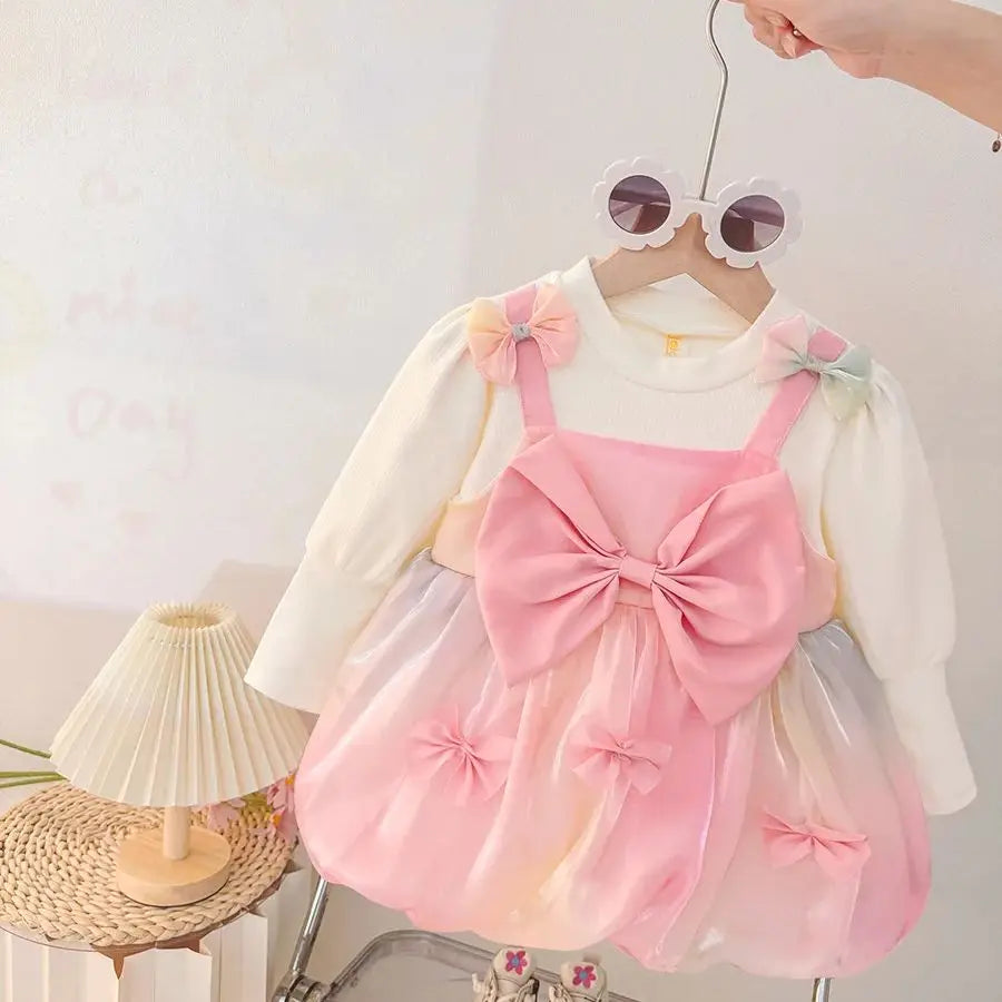 Spring And Autumn New Sweet Bow Baby Girl Dress, Colorful Gradient Skirt, Children'S Long Sleeve Clothes (9 Months -3 Years Old)