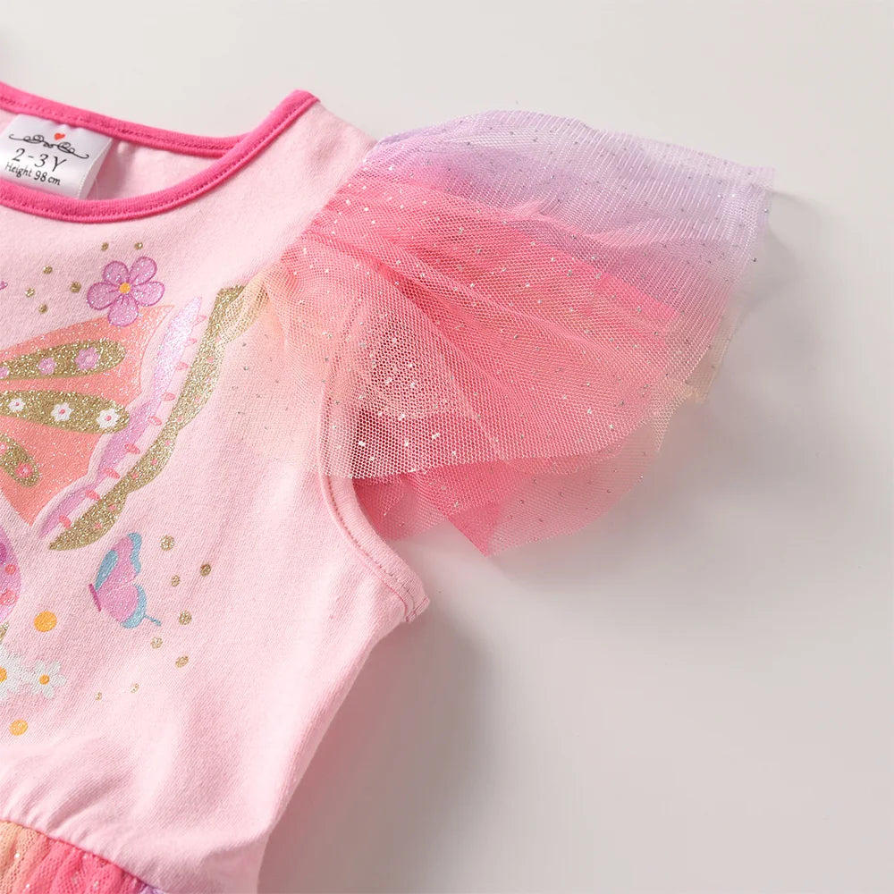 VIKITA Girls Pink Butterfly Print Layered Princess Dress Kid Flutter Sleeves Gradient Cute Fashion Summer Dress Kids Costumes