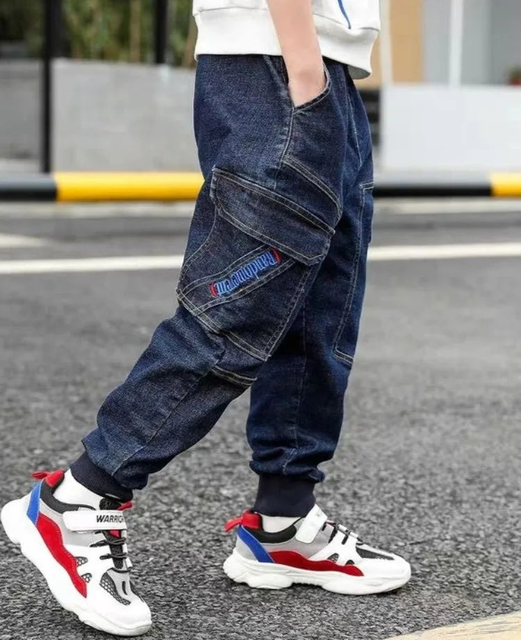 Autumn Winter Boys Fleece-Lined Cargo Pants/Korean Style Thickened Jeans for Toddler Boys