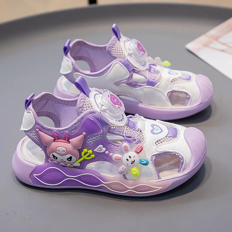 Sandals Girls Cartoon PU Leather Summer Fashion Outdoor Flat Bottom Breathable Anti-slip Pink Purple Size 26-37