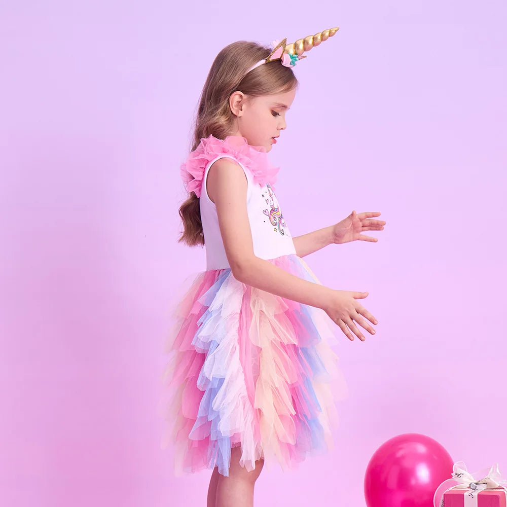 VIKITA Girls Tutu Dress Toddlers Summer Flare Sleeve Princess Dresses Girl Unicorn Cartoon Party Layered Dress Children Clothing