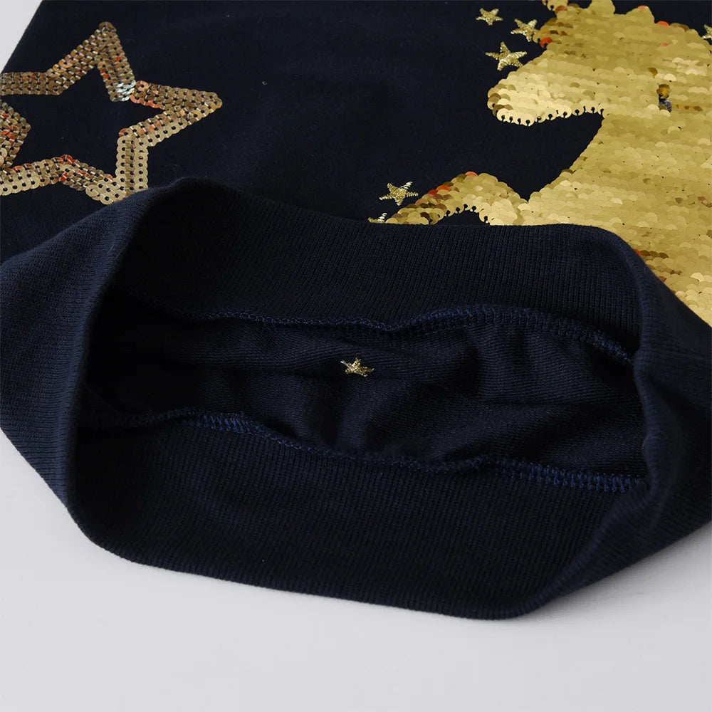 Toddlers Girls Cotton Sweatshirt with Golden Sequined Unicorn Sparkly Star Appliqued Outfits Kids Daily Street Cool Casual Wear
