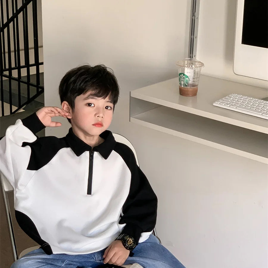 Boys' 2025 Spring/Autumn New Arrival Cotton Punk-Style Street-Savvy Trendy Polo Collar Sweatshirt - Stylish Baby Boys' Top