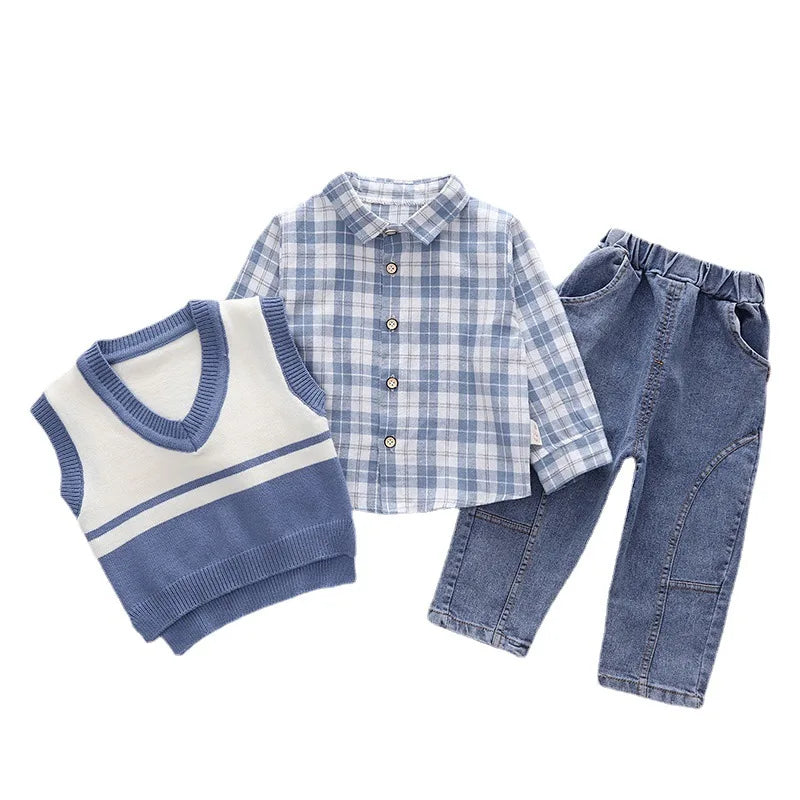 New Spring Autumn Baby Clothes Suit Children Boys Fashion Plaid Shirt Vest Pants 3Pcs/Set Toddler Casual Costume Kids Tracksuits