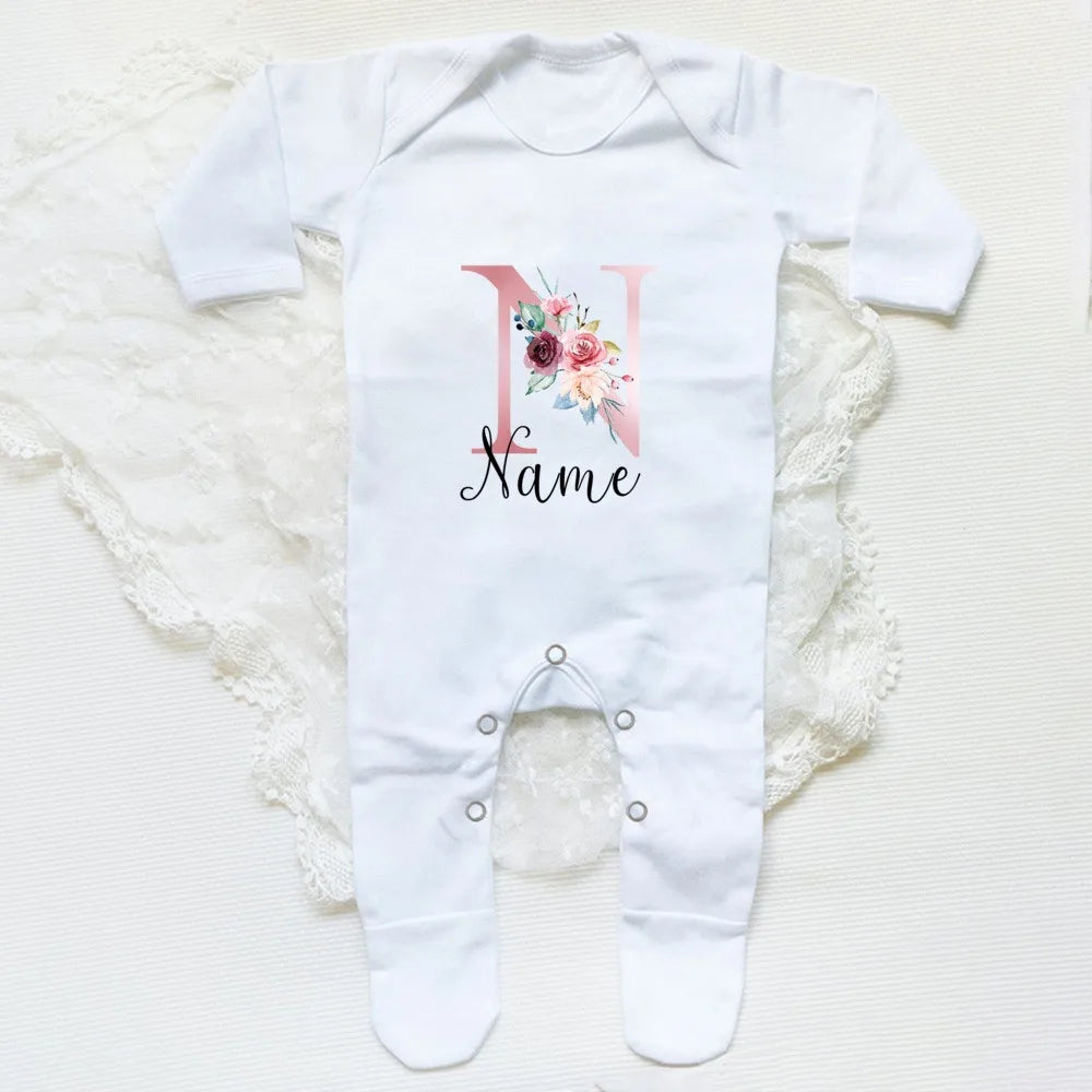 Personalised Babygrow Sleepsuit Flower Initial Infant Romper Baby Coming Home Outfit Newbron Shower Gift Baby Girls Sleepsuit