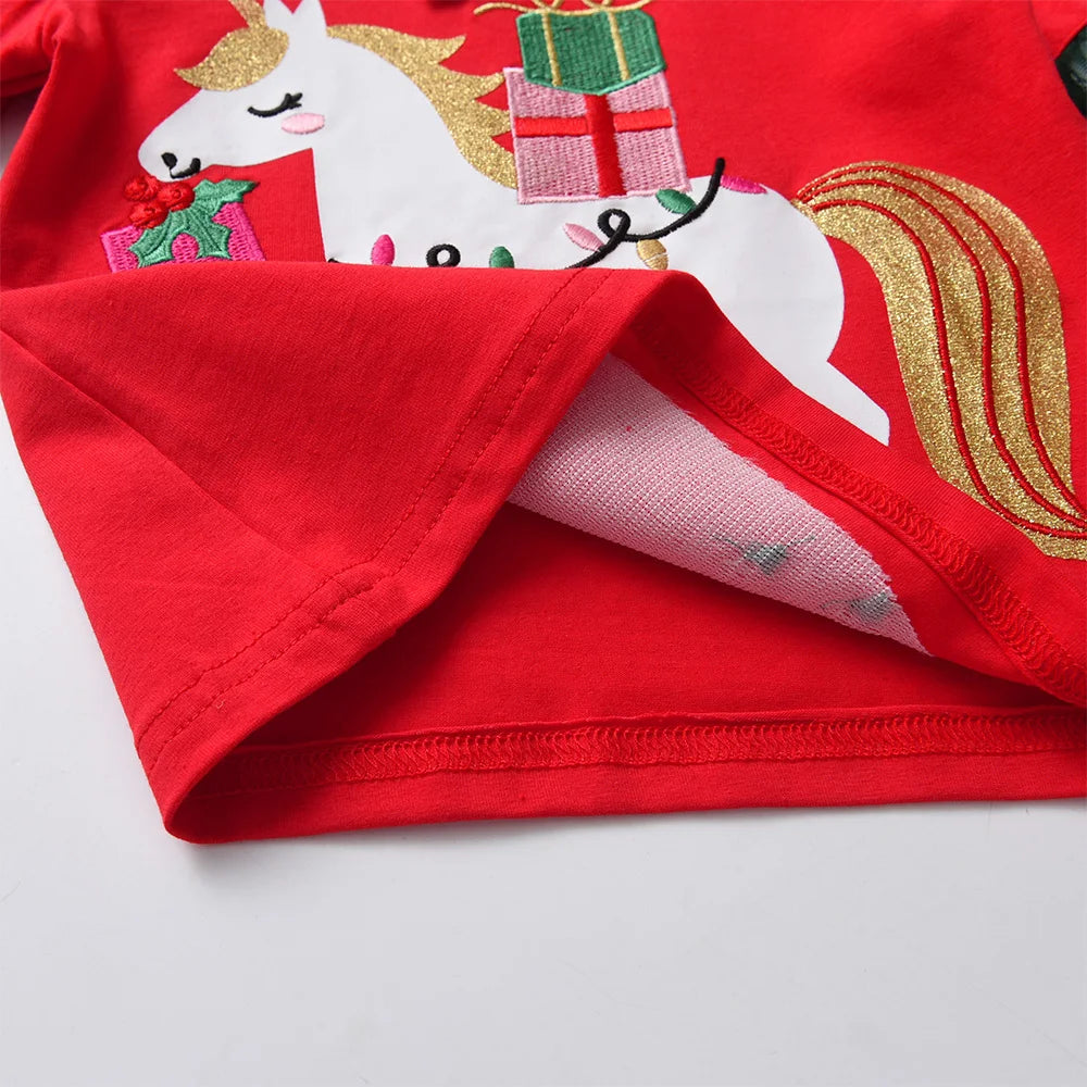 Girls Xmas Christmas New Year Christmas T Shirt Kids Licorne Cartoon Striped Cotton Tops and Tees Kids Party Casual Tees Giff