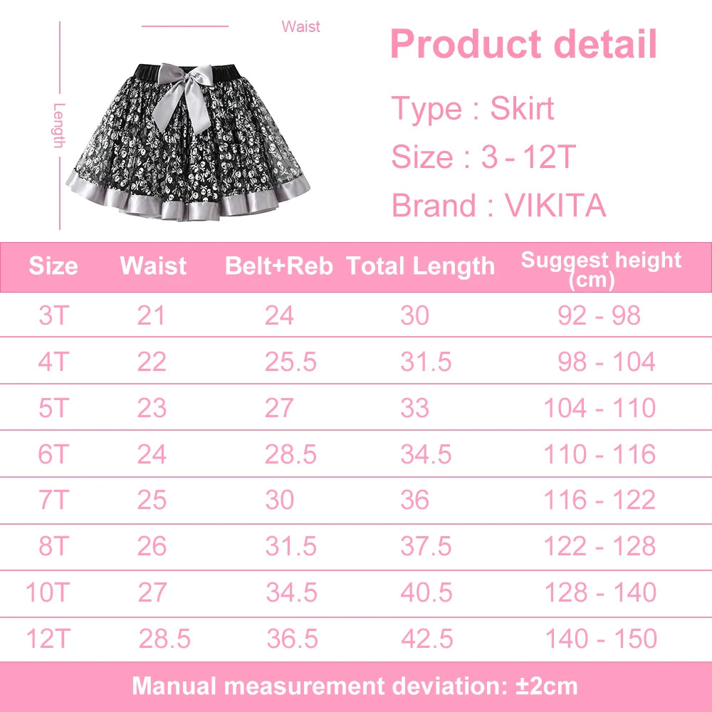 VIKITA Girls Skull Print Festival Tull Lace Tutu Skirt with Bow Knot Ruffled Skirt for Halloween Party Wear Fashion Costumes