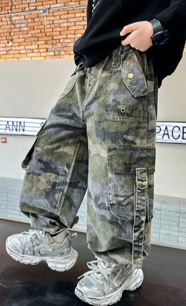 2025 New Boys Autumn Camouflage Tactical Pants - Kids Cargo Pants with Multiple Pockets, Trendy & Comfortable for 8-14 Years Old