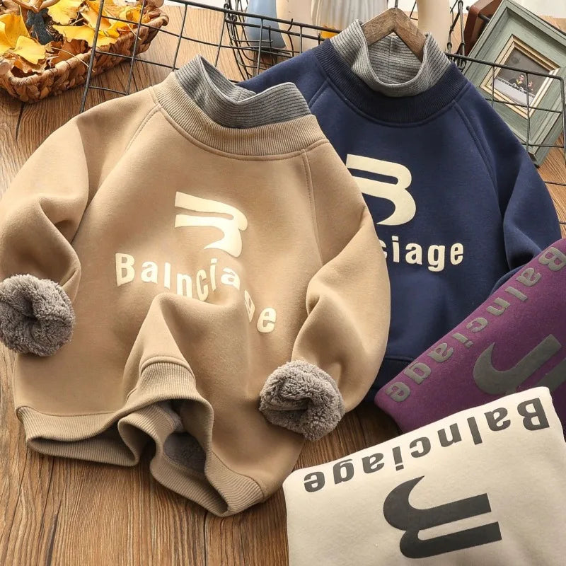 Boys' Big Kids Winter 2025 New Fake Two-Piece Fleece-Lined Mid-Collar Thickened Stylish Base Layer Sweatshirt Tops