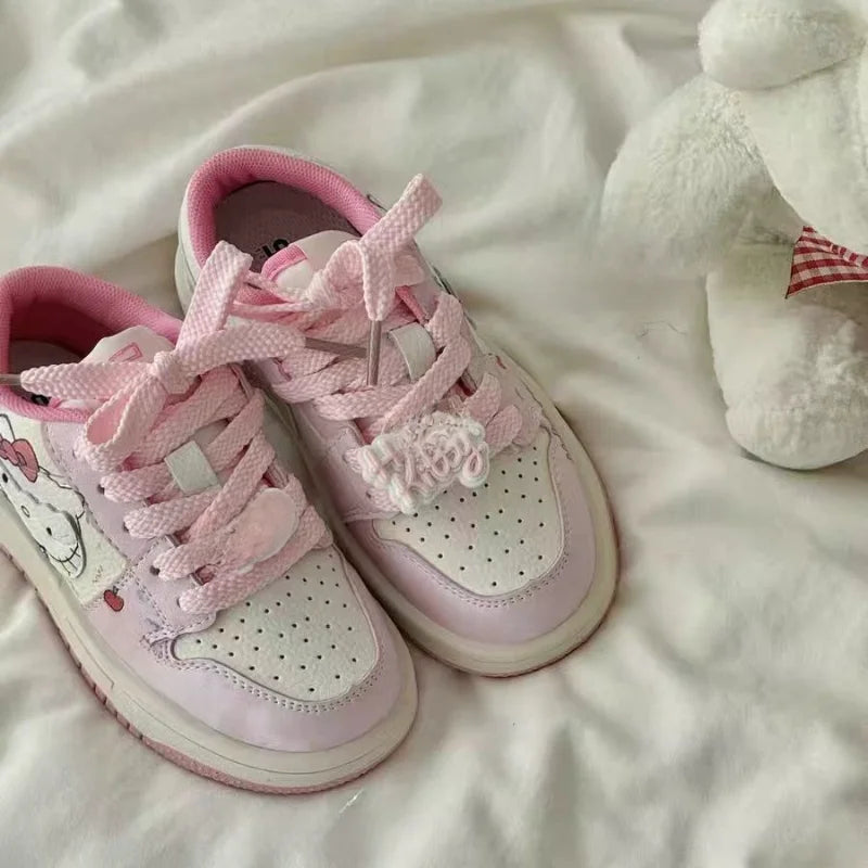 Kids'Casual Shoes Sneakers PU Leather Printed Hello Kitty Spring Shoes For Girls Thick Bottom Anti-slip Pink Shoes Size 26-37
