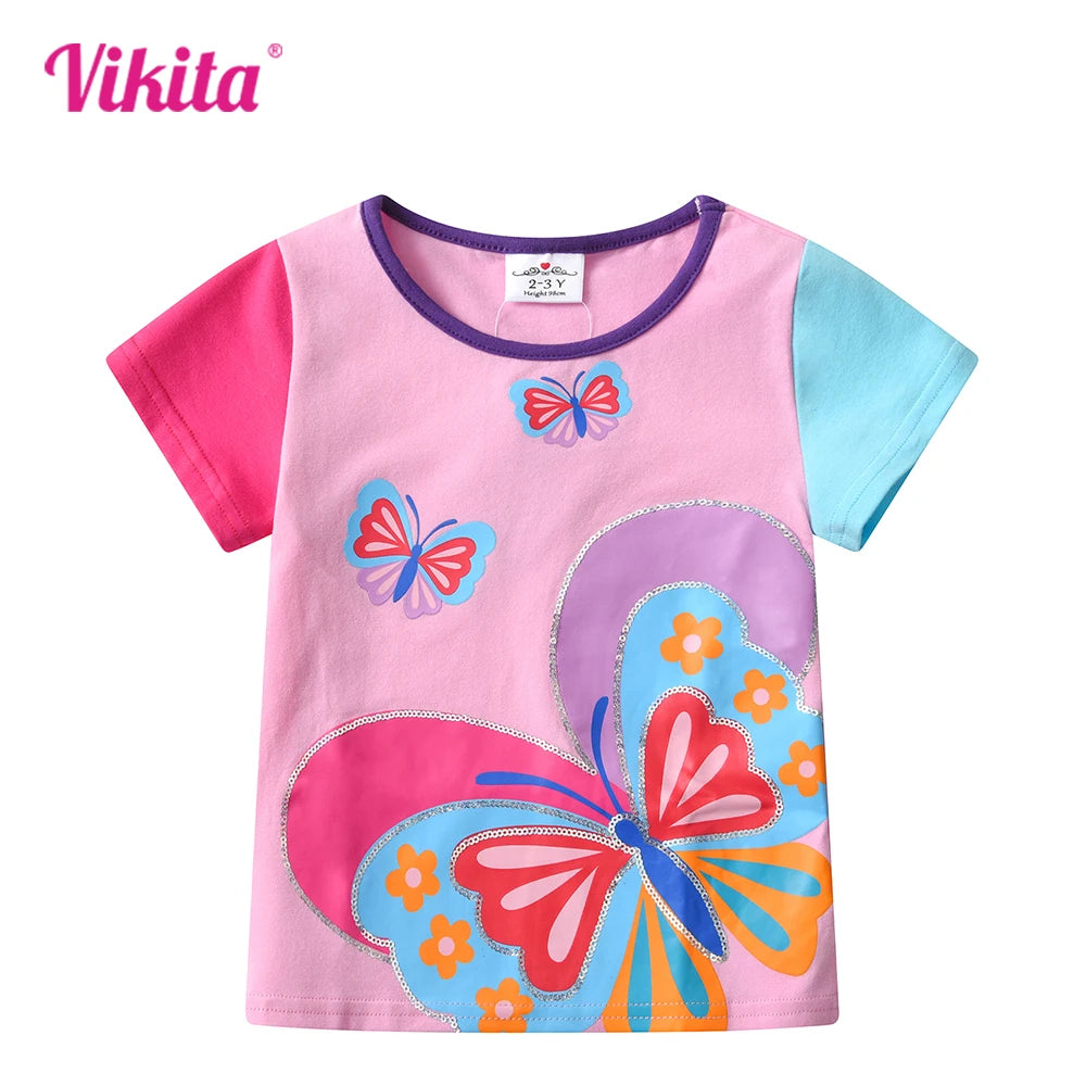 VIKITA Girls Tops and Tees for Summer Kids Butterfly Print Cartoon T Shirts Girls O Neck Short Sleeve Cotton Casual Daily Tees