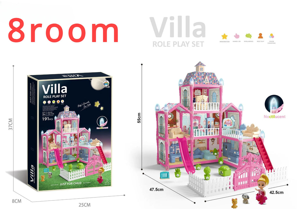 Luminous Doll House Dreamhouse for Girls Princess Playhouse Set with Dolls Furniture Accessories Pretend Play Birthday Gifts