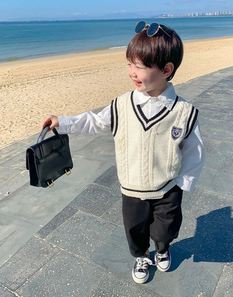 Boys' Knit Vest 2025 Spring Autumn New Preppy Style Kids' Outerwear Trendy Baby Boy Vest for School Casual Wear