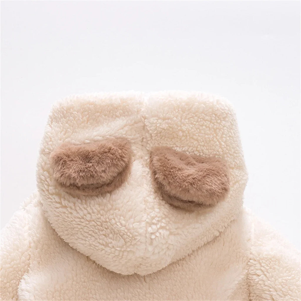 (0-3 Years Old Girls) Winter New Girls' Top Warm Furry Hat Bow Ribbon Warm Cute Hooded Bear Ears Long Sleeve Pocket
