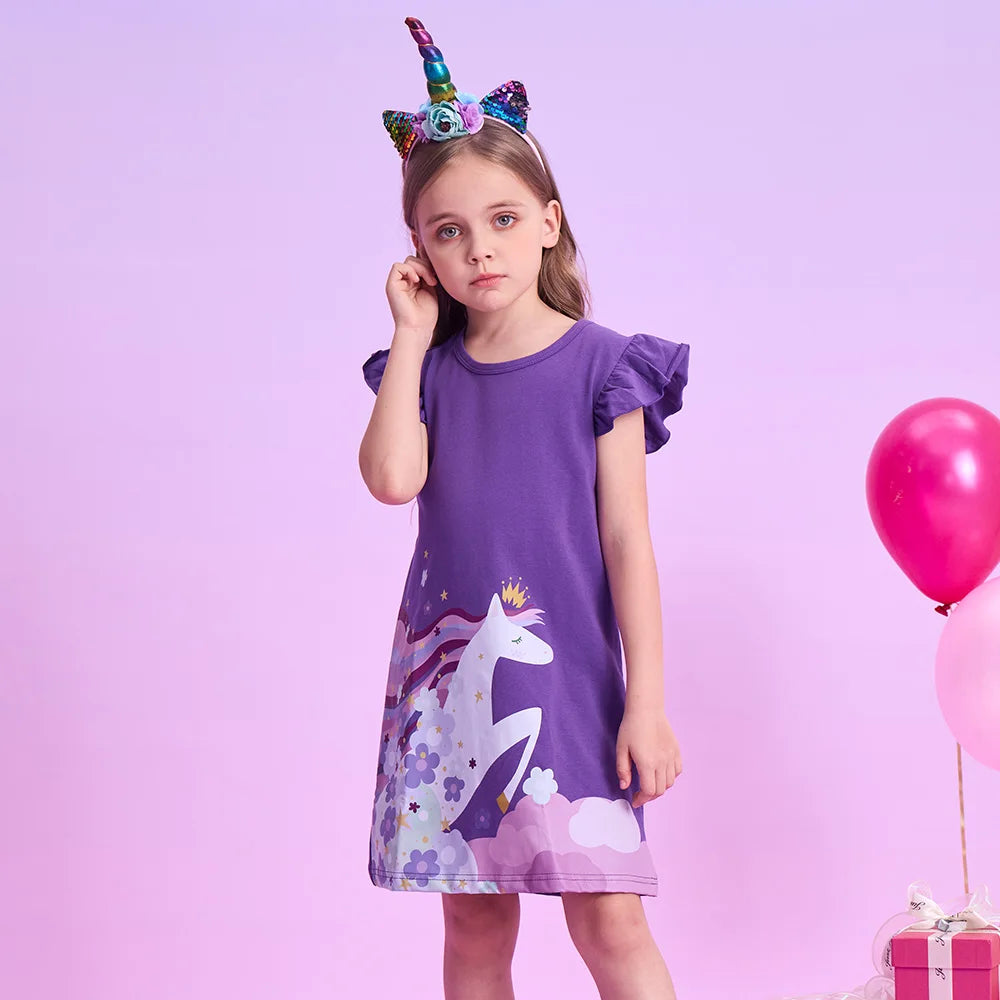 VIKITA Girls Flare Sleeve Summer Dress Kids Cotton Casual Licorne Flower Print Purple Princess Straight Dress Children Clothing