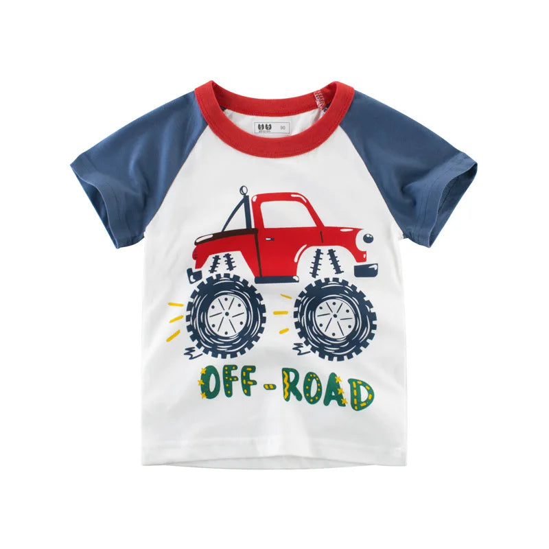 2025 Summer 2 3 4 5 6 8 10 Years Children'S Clothing Dinosaur Car Striped Tees All Match Basic Tops Cartoon T-Shirt For Kids Boy