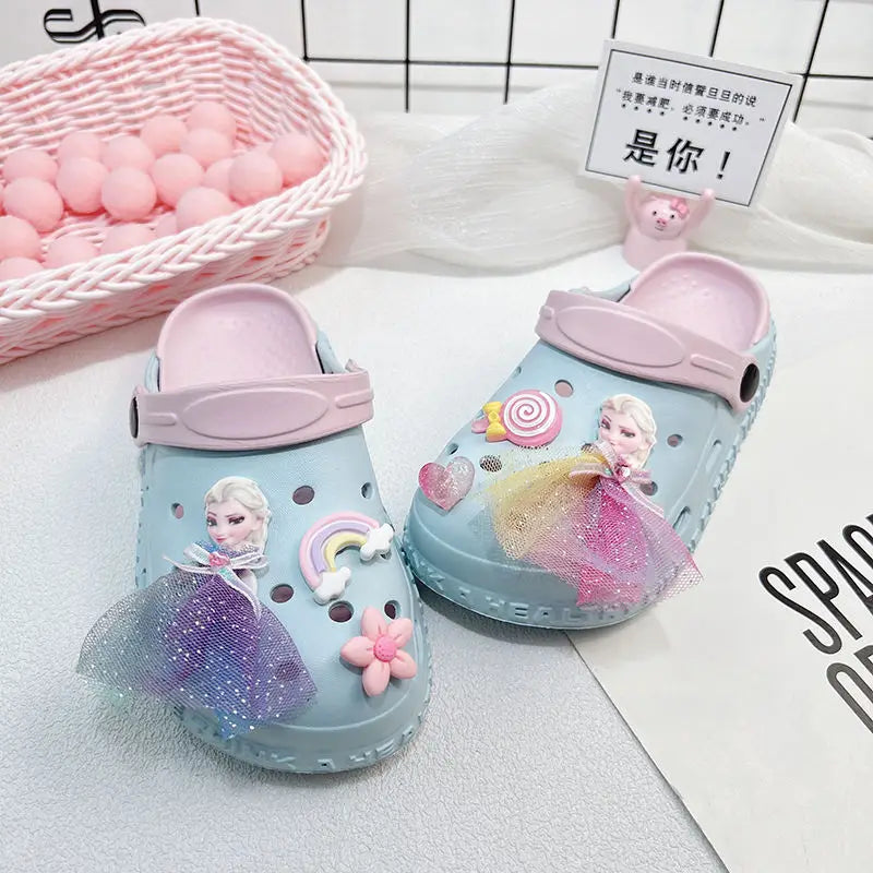 Disney Girls' Slippers Summer Princess Elsa Children's Girls Hole Shoes Summer Frozen Slippers Blue Pink Shoes Size 24-40