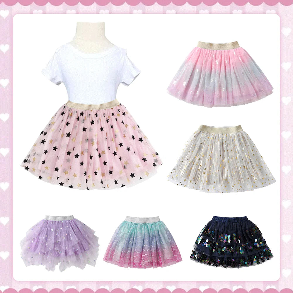 Girls Tutu Sequins Skirts Kids Clothes Bow Layered Skirts Princess Pleated Skirt Kids Mesh Skirt Girls Children Party Clothes