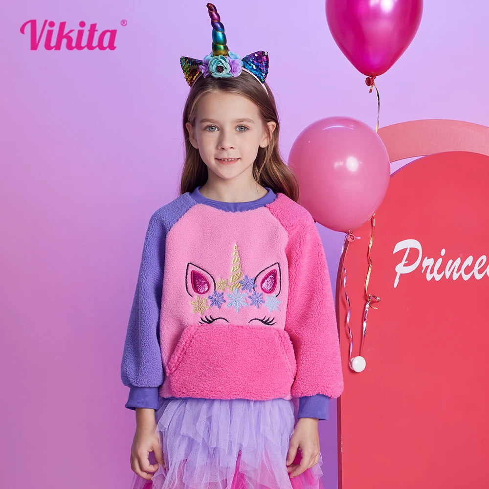 VIKITA Girls Fleece Sweatshirts Kids Autumn Winter Unicorn Appliqued Long Sleeve Sports Casual Outwear Children's Tops Pullover
