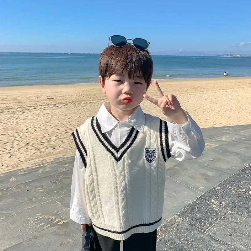 Boys' Knit Vest 2025 Spring Autumn New Preppy Style Kids' Outerwear Trendy Baby Boy Vest for School Casual Wear