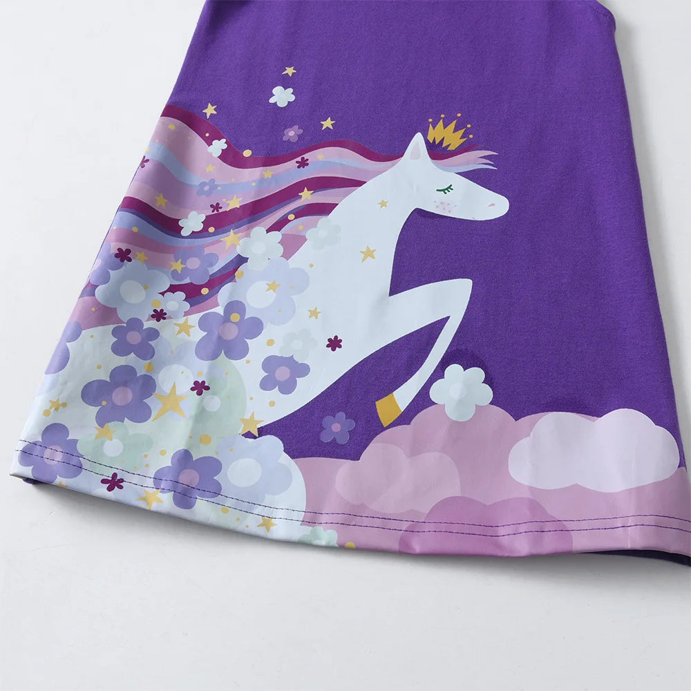 VIKITA Girls Flare Sleeve Summer Dress Kids Cotton Casual Licorne Flower Print Purple Princess Straight Dress Children Clothing