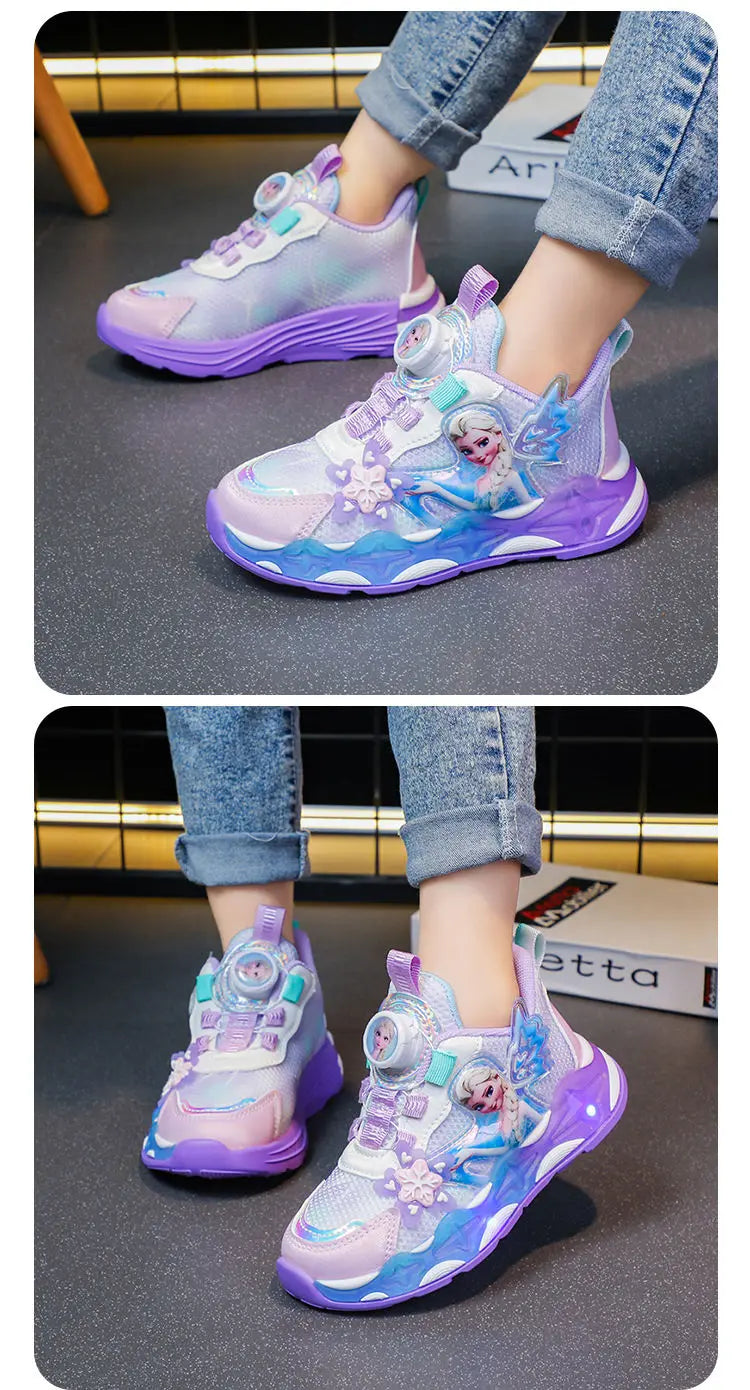 Disney LED Casual Sneakers Spring Girls Frozen Elsa Princess PU Leather Shoes Children Lighted Non-slip Pink Size 23-35