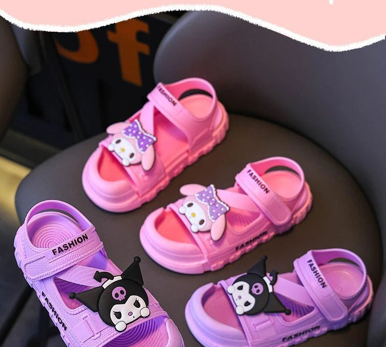 Sandals Girls Anime Kuromi Open Peep Toe Shoes Girly Summer Cute Cartoon Babys Purple Pink Slipper Kid Size 21-36