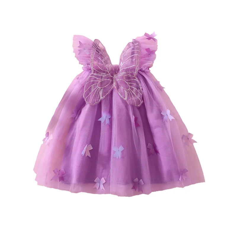 Elegant Baby Girl Lace Dress Sleeveless Square Neck Bow Tulle Princess Dress Toddler Party Dress with Angel Wings