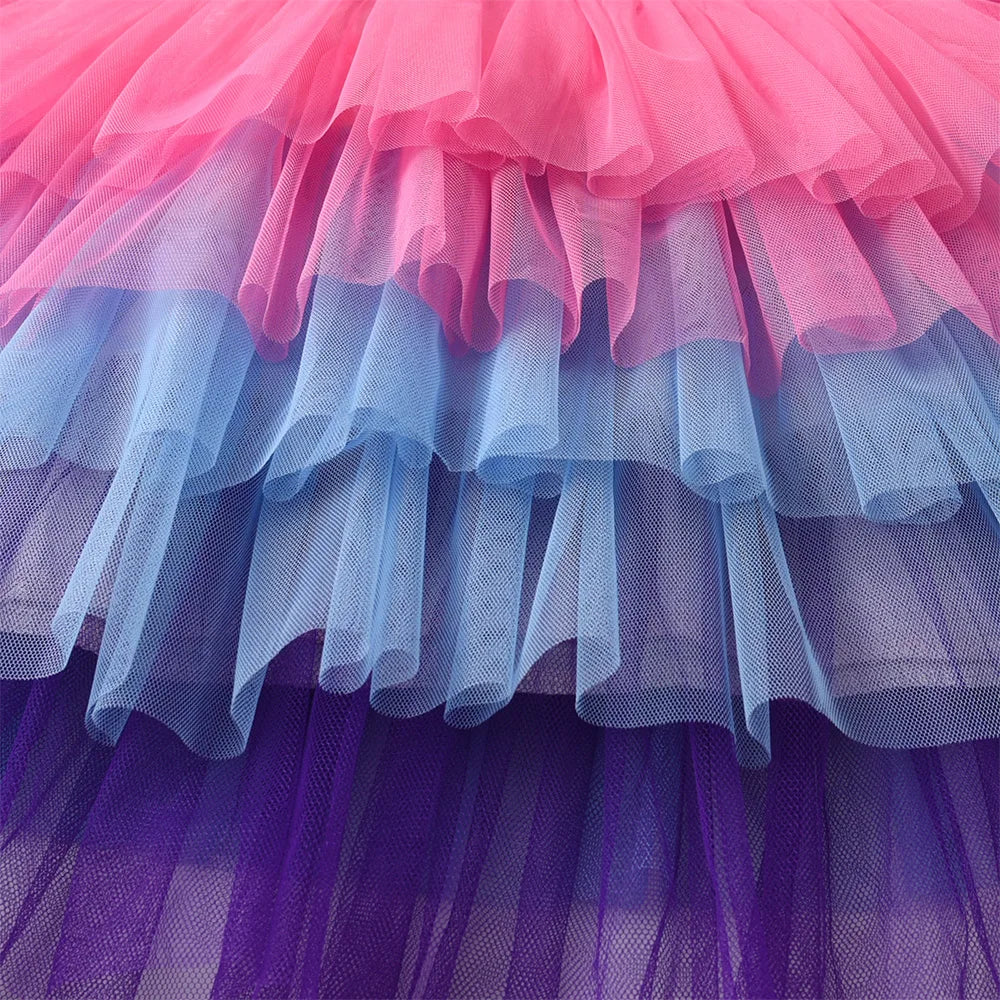 VIKITA New Girls Unicorn Pink Dress Kids Layered Mesh Tulle Tutu Princess Dresses Kids Prom Gown Long Sleeve Autumn Spring Dress