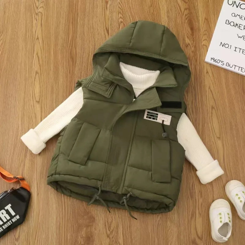 2025 Kids Puffy Windproof Quilted Sleeveless Jacket Korean Style Oversized Cargo Vest for Toddler Boys Thermal Insulated Outdoor