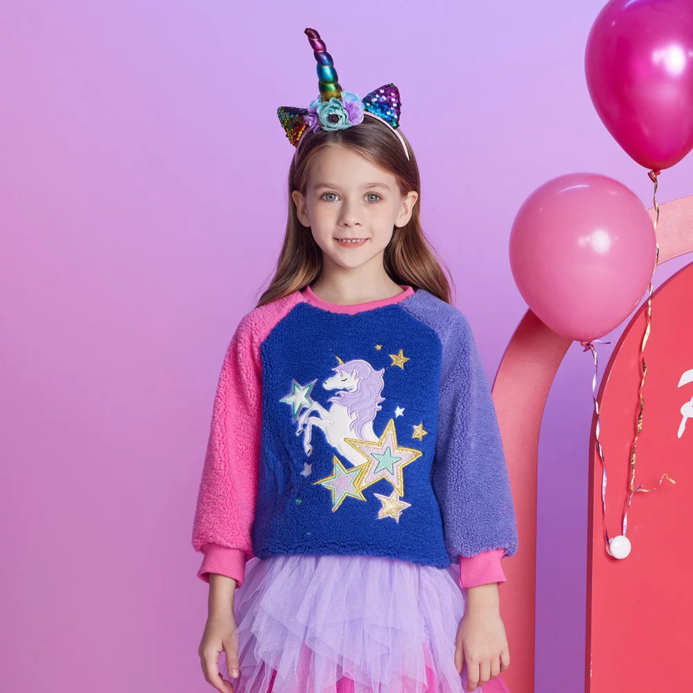 VIKITA Toddlers Licorne Star Appliqued Patchwork Sweatshirt Girls Fleece Autumn Winter Soft Sportwear Pullover Tops Costumes