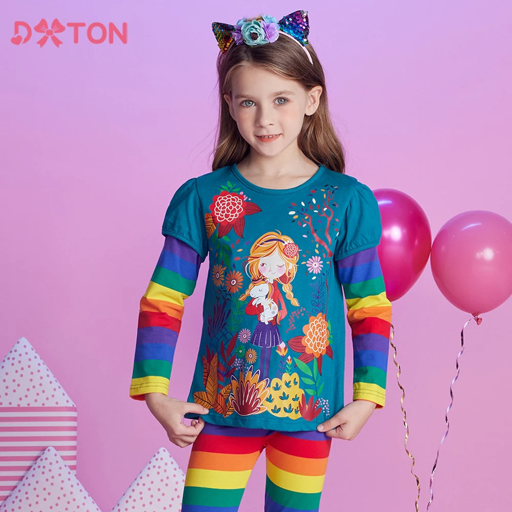 DXTON Winter Girls Tops Floral Printed Toddlers T-shirts Cotton Children Clothing Rainbow Long Sleeve Cartoon Kids Tees For Girl