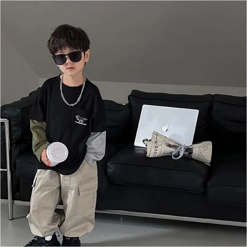 False Two-piece Casual Round Neck Boys' Top 3 Year Old Boy Clothes Children's T-shirt Kids Long Sleeve Tee Clothing 7 14 Years 8