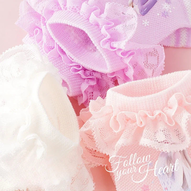 4 Pairs Children's Girl Elsa Socks Children's Spring and Summer Thin Hollow Cotton Lace Socks Short Socks H3134