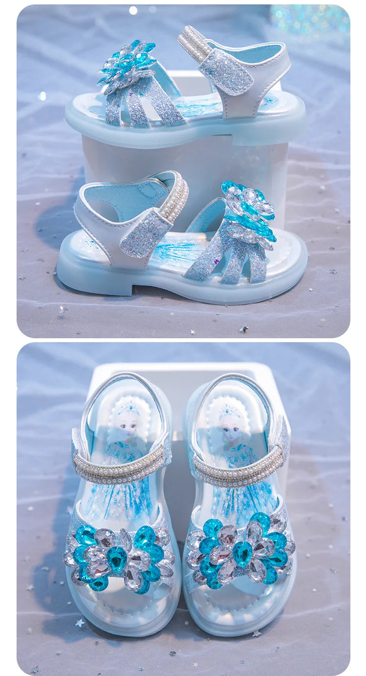 Kids' Sandals Elsa Princess Frozen PU Leather Crystal Summer Flat Shoes For Girls Breathable Anti-slip Blue Pink Size 23-33