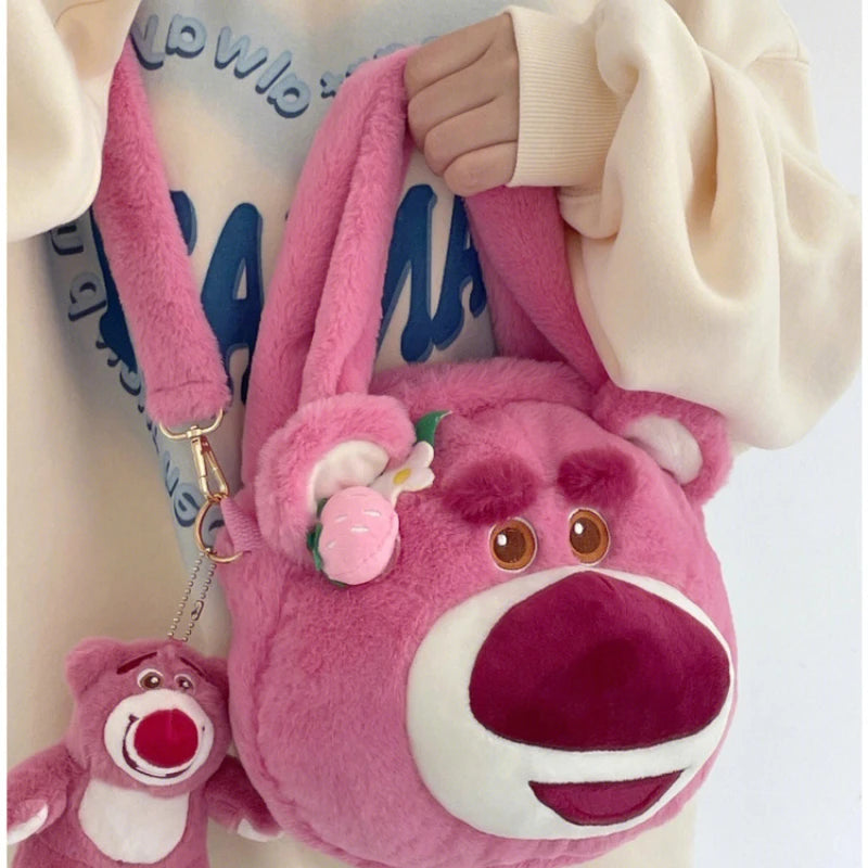 Disney Strawberry Bear New Girl Plush Shoulder Messenger Bag Cartoon Cute Girl Handbag Fashion Trend Plush Girl Bag High Quality