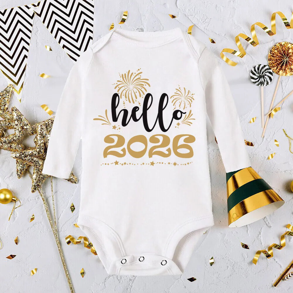 Hello 2026 Inant Romper New Year Baby Gift Toddler Long Sleeve Jumpsuit Boys Girls Clothes Newbron Shower Present