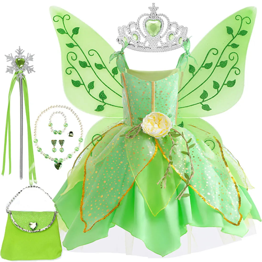 Disney Classic Elf Movie Tinker Bell Girls Play Fairy Dress Green Suspender Skirt With Wings and Flower Christmas Gift for Girls