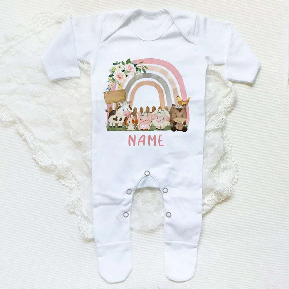 Personalised Forest Animal Rainbow Babygrow Sleepsuit Custom Name Infant Sleepsuit Baby Coming Home Outfit Newbron Shower Gift