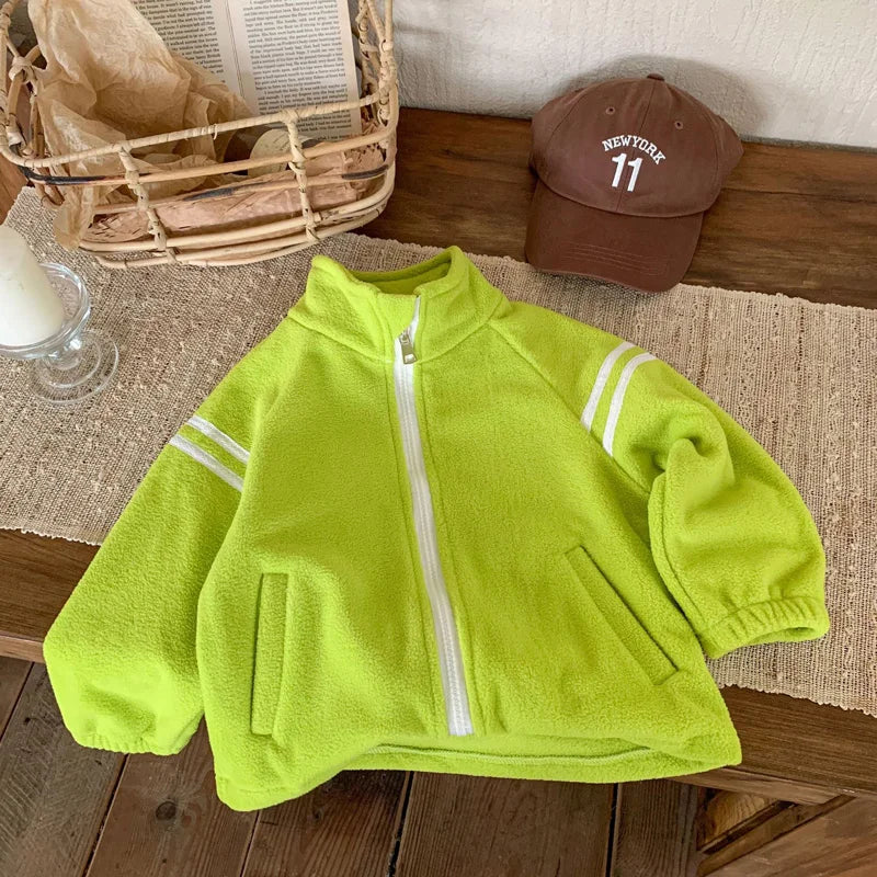 4-10Year Children Outwears Fleece for Winter Autumn Teenager Boy Jackets High Collar Coats Fashion Striped Solid Kid Girl Jacket