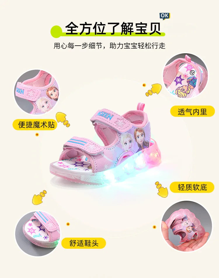 Disney Boys Girls Frozen Elsa Princess Led Light Up Luminous Sports Sandals Summer Kids Sandals Non-slip Toddler Shoes Size 21-3