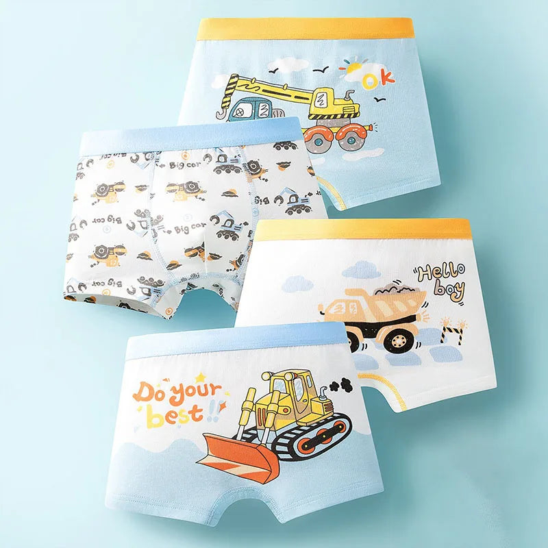 4 Pcs/Lot Boys Cotton Underpants Excavator Cartoon Cars Pattern 3-11T Boys Boxer Briefs Breathable Children Underwears Shorts