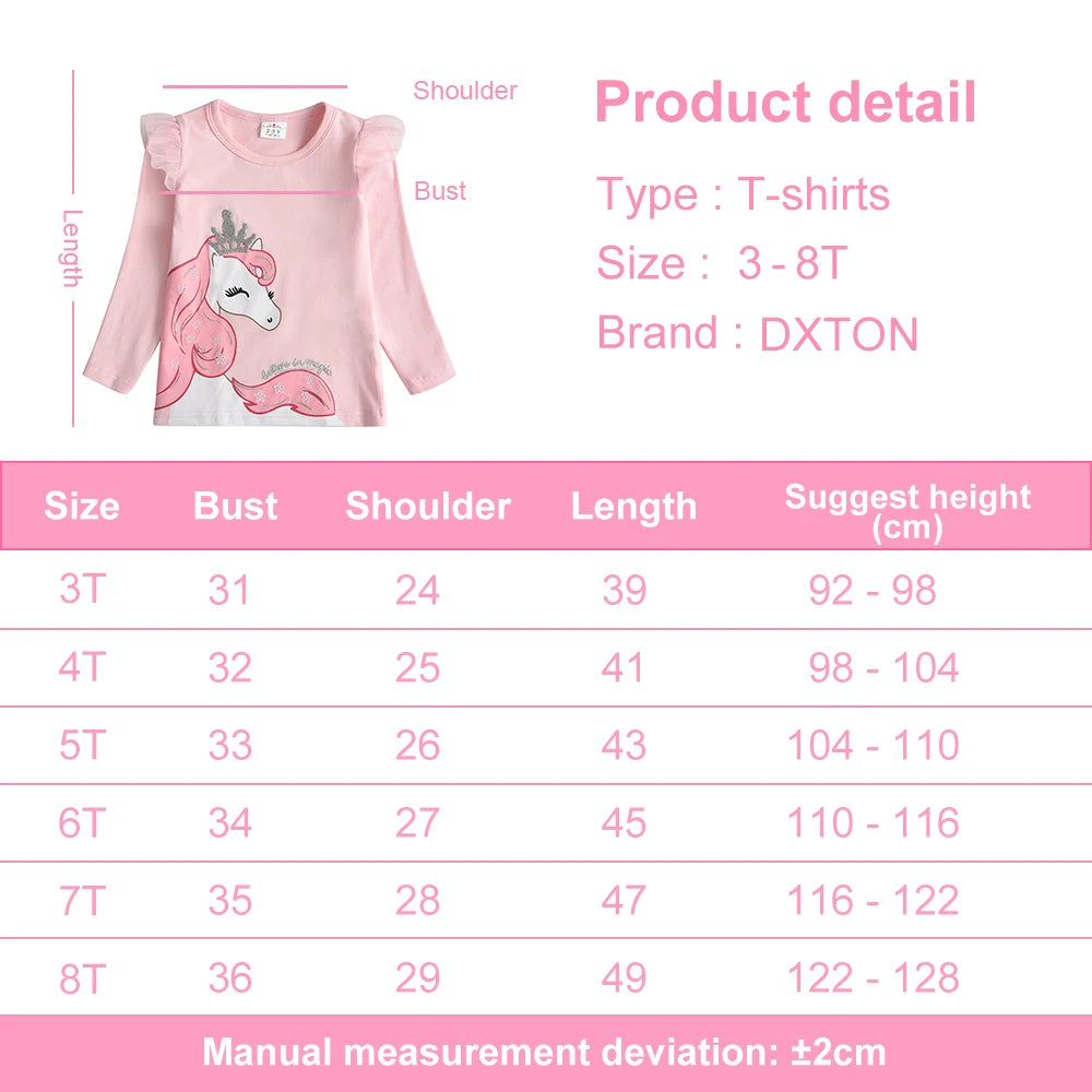 DXTON Spring Girls Long Sleeve T-shirts Children Cartoon Unicorn Girls Tops Toddlers Cotton Tees Solid Pink T shirts Outfits